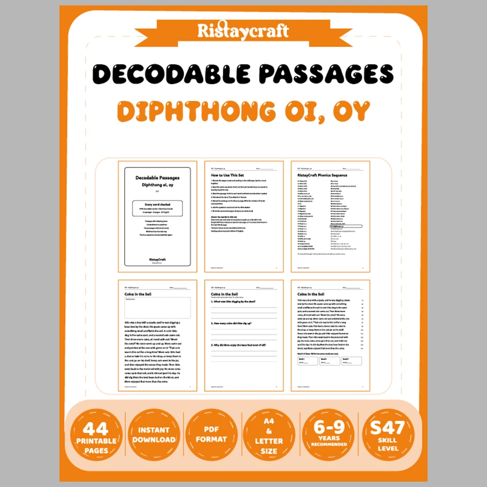 Diphthong oi, oy Decodable Readers | 10 Stories 44 Pages | Phonics Printable PDF | Ages 6-9