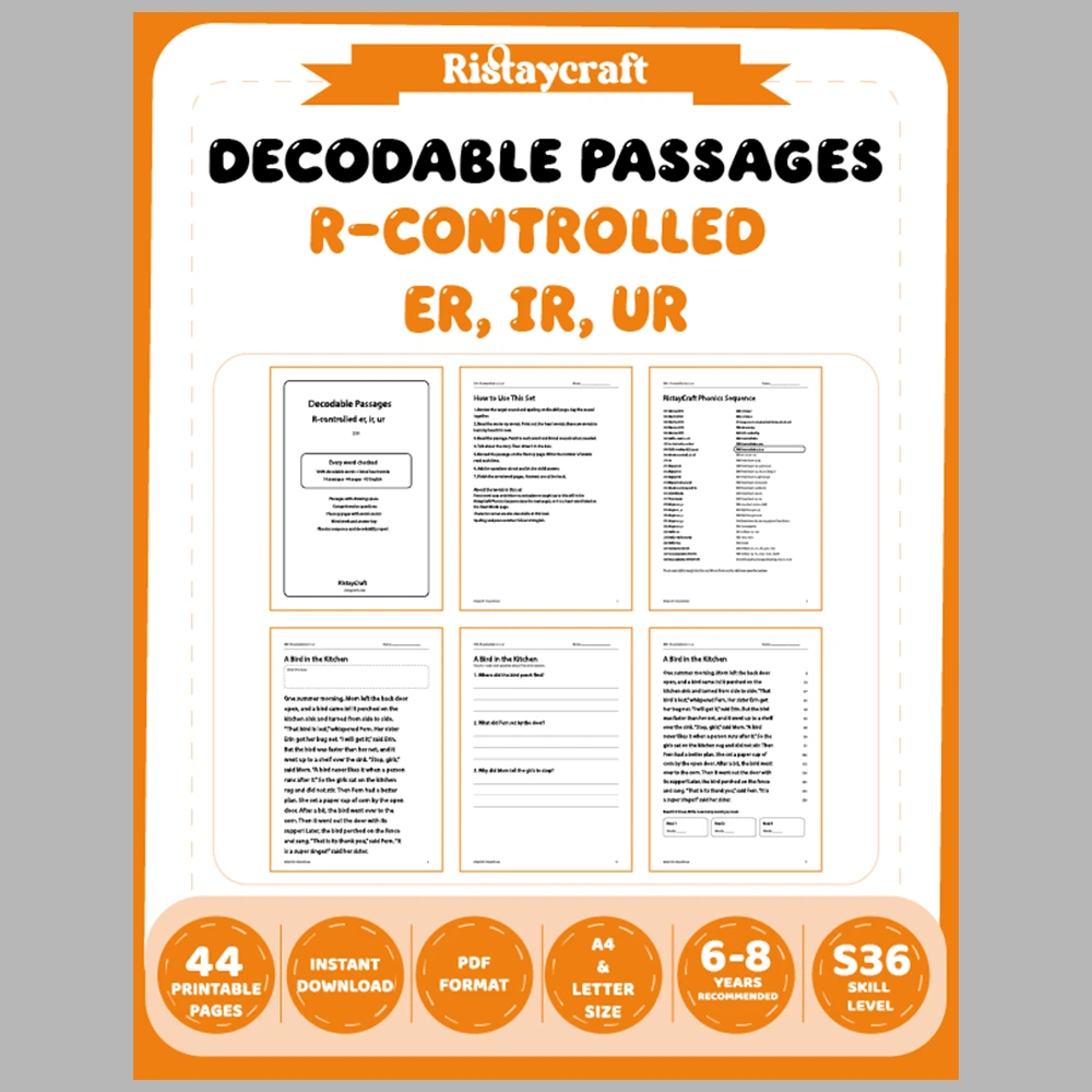 R-controlled er, ir, ur Decodable Readers | 10 Stories 44 Pages | Phonics Printable PDF | Ages 6-8