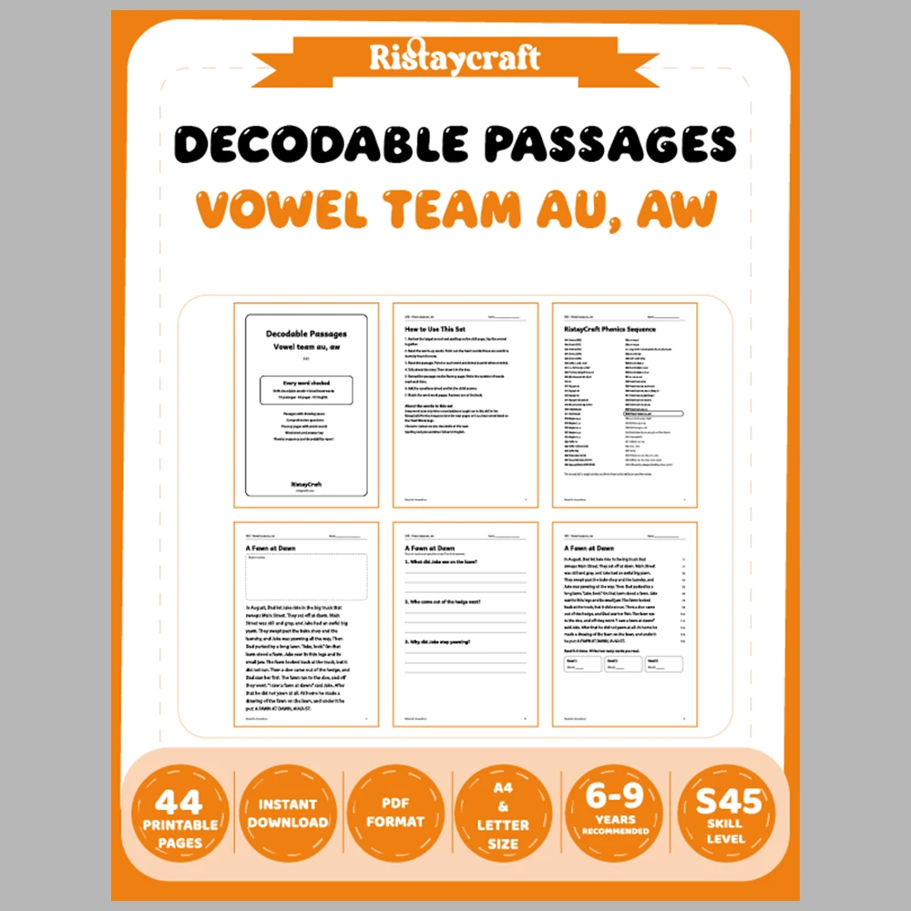 Vowel team au, aw Decodable Readers | 10 Stories 44 Pages | Phonics Printable PDF | Ages 6-9