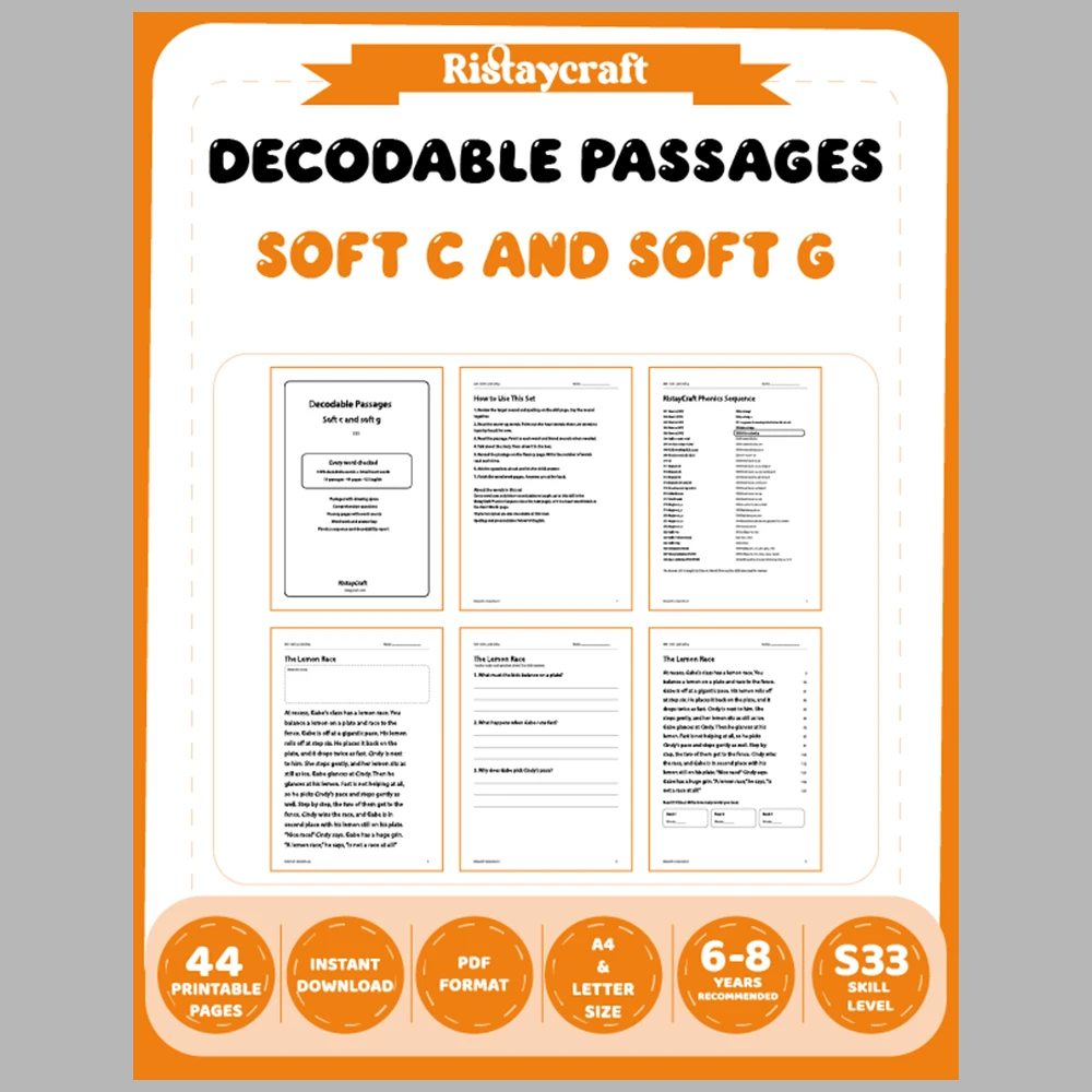 Soft c and soft g Decodable Readers | 10 Stories 44 Pages | Phonics Printable PDF | Ages 6-8