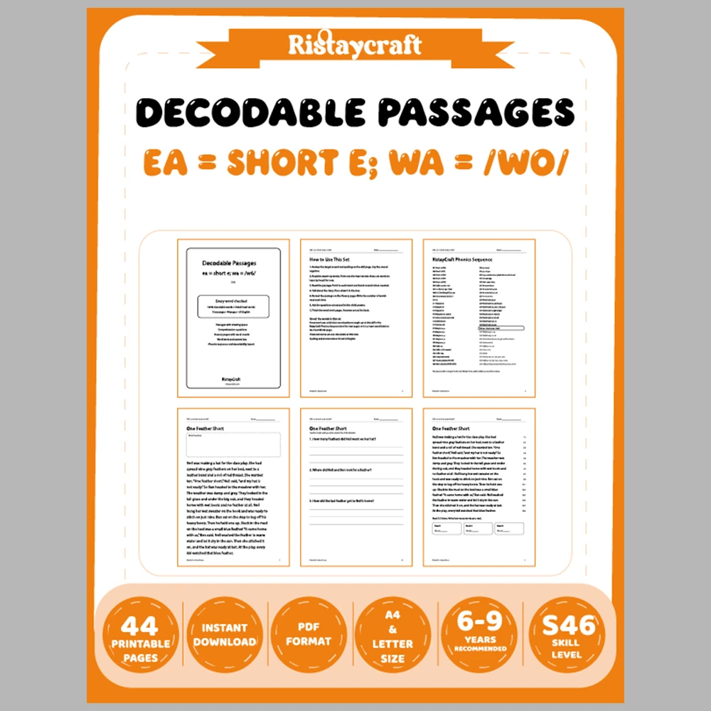 ea = short e; wa = /wŏ/ Decodable Readers | 10 Stories 44 Pages | Phonics Printable PDF | Ages 6-9