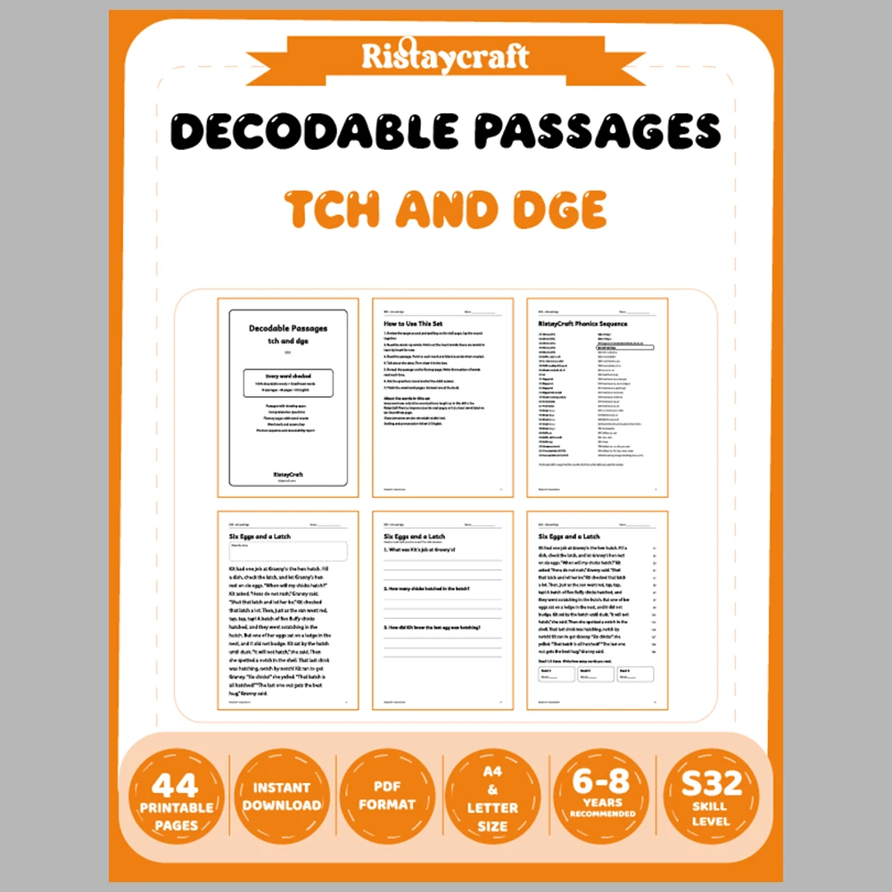 tch and dge Decodable Readers | 10 Stories 44 Pages | Phonics Printable PDF | Ages 6-8