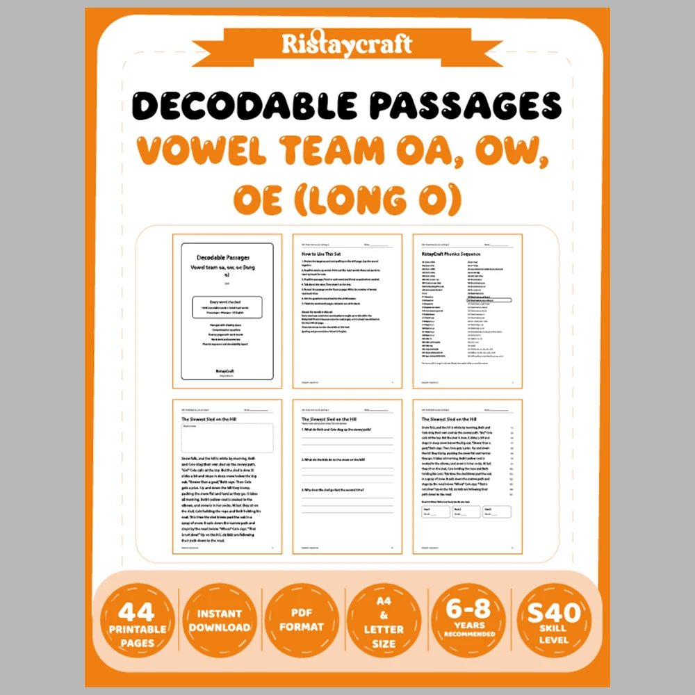 Vowel team oa, ow, oe (long o) Decodable Readers | 10 Stories 44 Pages | Phonics Printable PDF | Ages 6-8