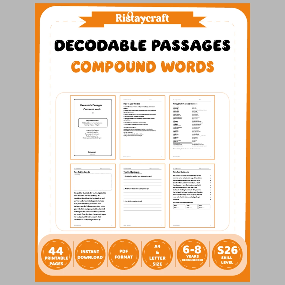 Compound words Decodable Readers | 10 Stories 44 Pages | Phonics Printable PDF | Ages 6-8