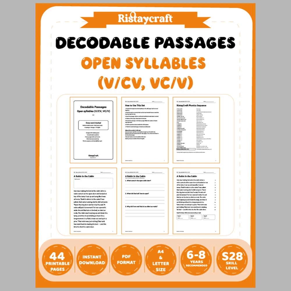Open syllables (V/CV, VC/V) Decodable Readers | 10 Stories 44 Pages | Phonics Printable PDF | Ages 6-8