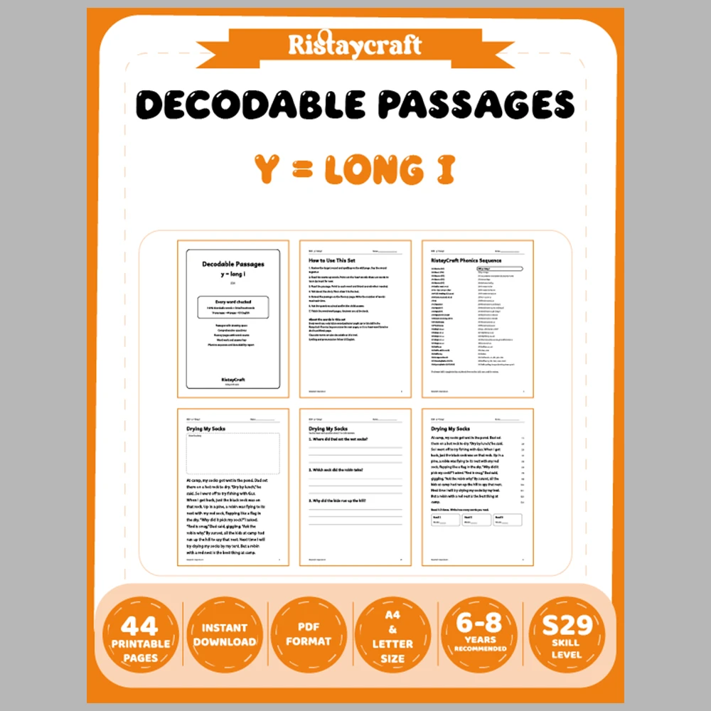 y = long i Decodable Readers | 10 Stories 44 Pages | Phonics Printable PDF | Ages 6-8