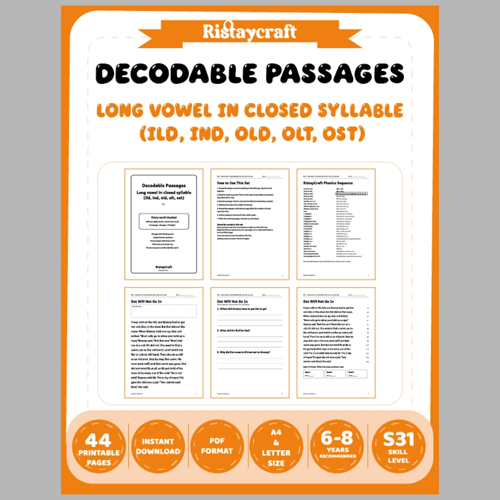 Long vowel in closed syllable (ild, ind, old, olt, ost) Decodable Readers | 10 Stories 44 Pages | Phonics Printable PDF | Ages 6-8