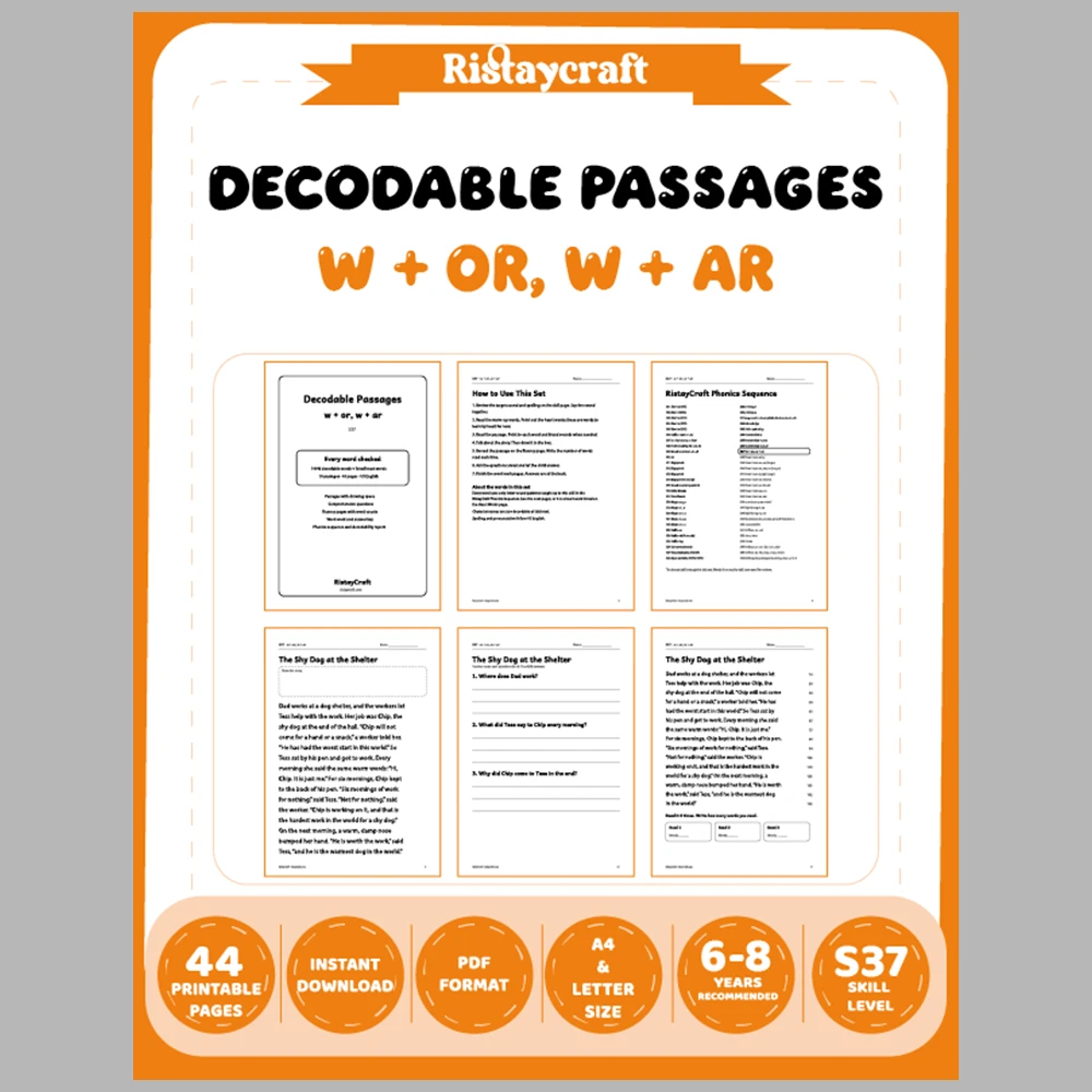 w + or, w + ar Decodable Readers | 10 Stories 44 Pages | Phonics Printable PDF | Ages 6-8