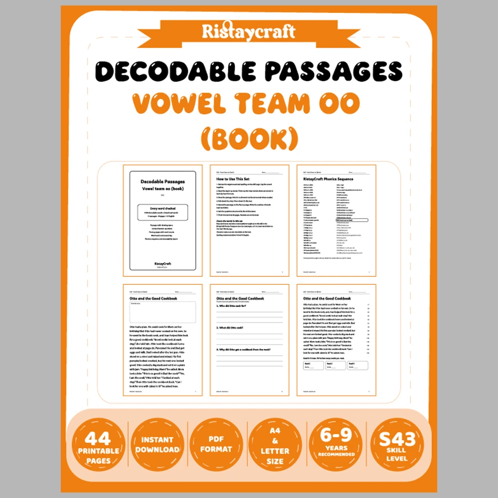 Vowel team oo (book) Decodable Readers | 10 Stories 44 Pages | Phonics Printable PDF | Ages 6-9