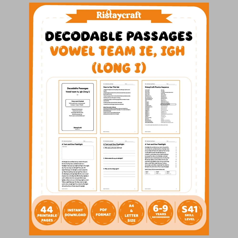 Vowel team ie, igh (long i) Decodable Readers | 10 Stories 44 Pages | Phonics Printable PDF | Ages 6-9