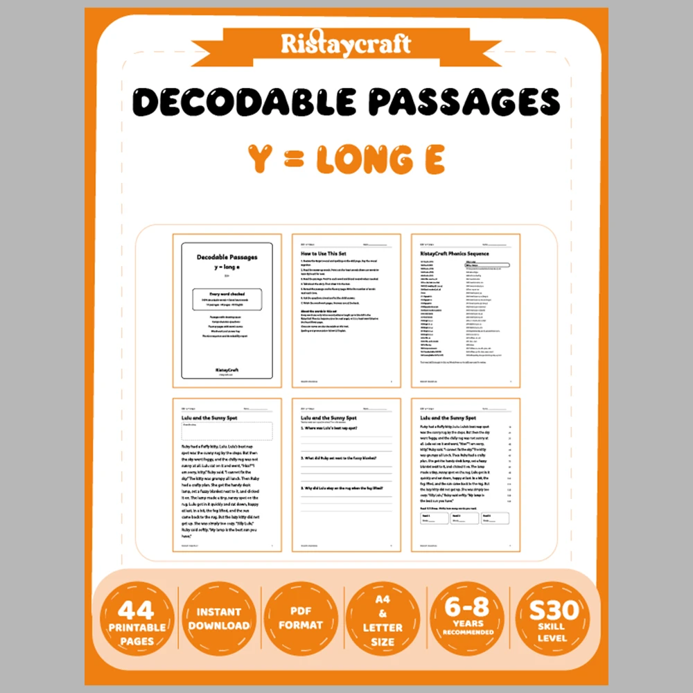 y = long e Decodable Readers | 10 Stories 44 Pages | Phonics Printable PDF | Ages 6-8