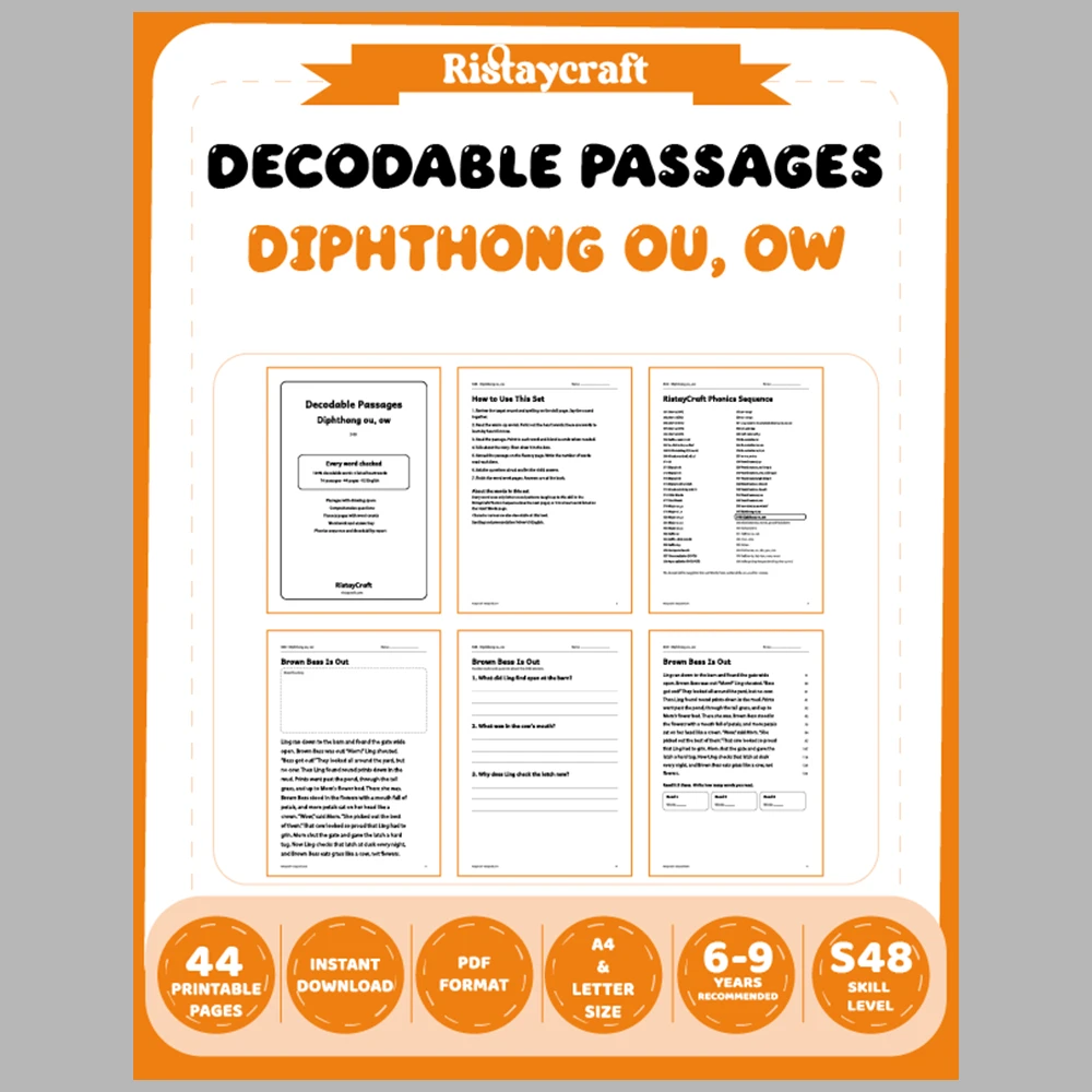 Diphthong ou, ow Decodable Readers | 10 Stories 44 Pages | Phonics Printable PDF | Ages 6-9
