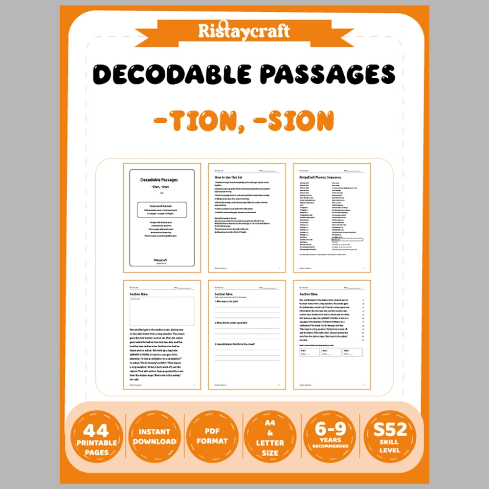 -tion, -sion Decodable Readers | 10 Stories 44 Pages | Phonics Printable PDF | Ages 6-9