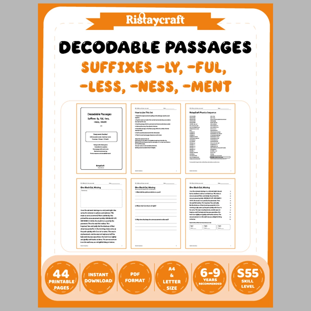 Suffixes -ly, -ful, -less, -ness, -ment Decodable Readers | 10 Stories 44 Pages | Phonics Printable PDF | Ages 6-9