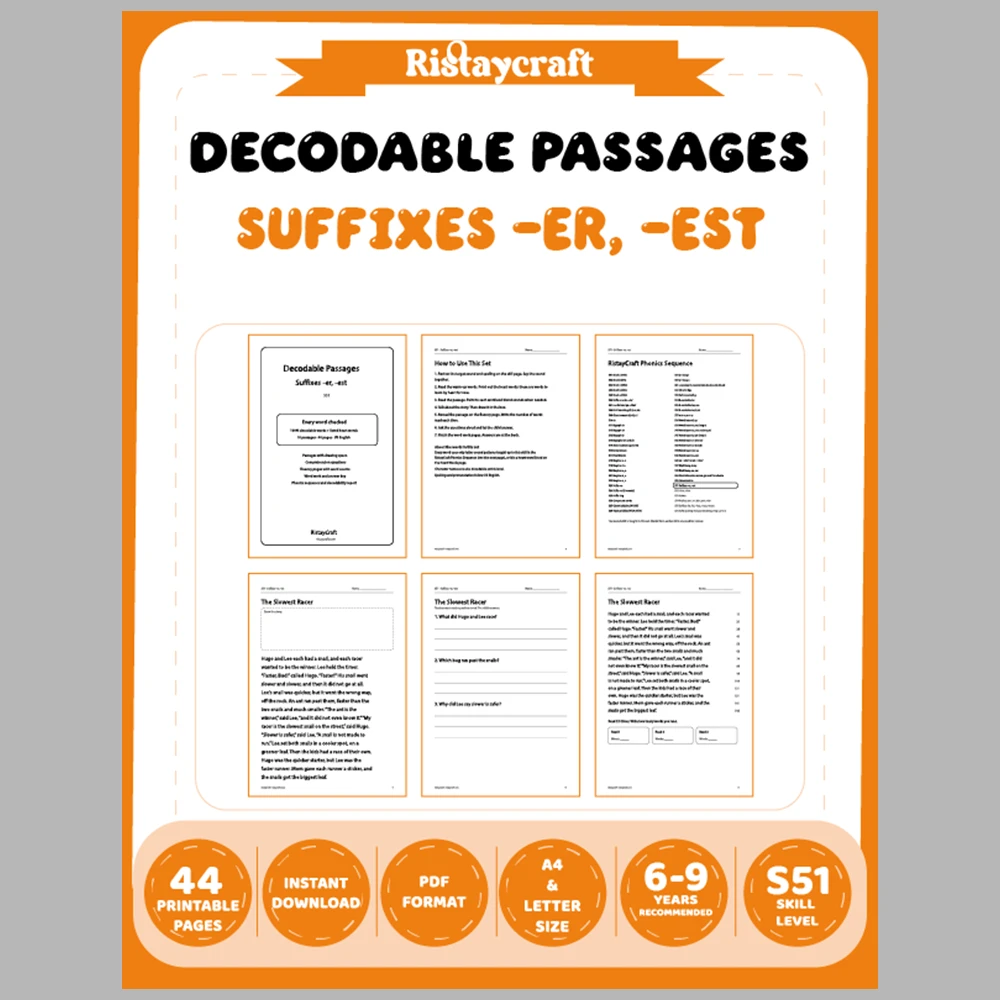 Suffixes -er, -est Decodable Readers | 10 Stories 44 Pages | Phonics Printable PDF | Ages 6-9