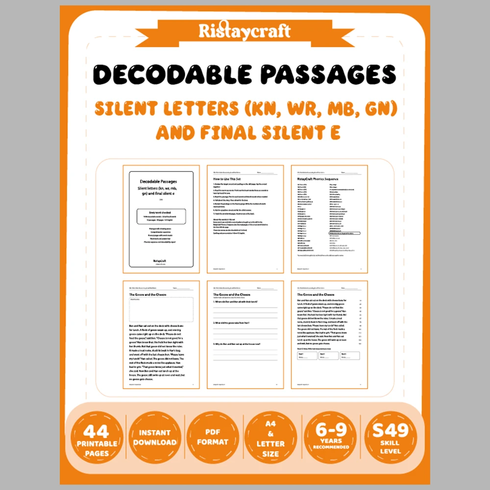 Silent letters (kn, wr, mb, gn) and final silent e Decodable Readers | 10 Stories 44 Pages | Phonics Printable PDF | Ages 6-9