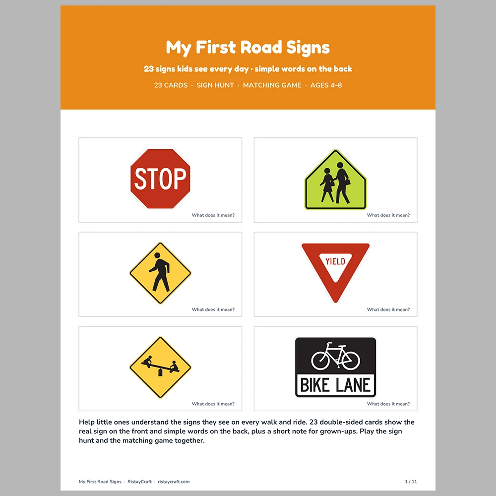 Road Signs Flash Cards for Kids | 23 Traffic Signs with Simple Meanings | Preschool Kindergarten Safety Activity | Printable PDF