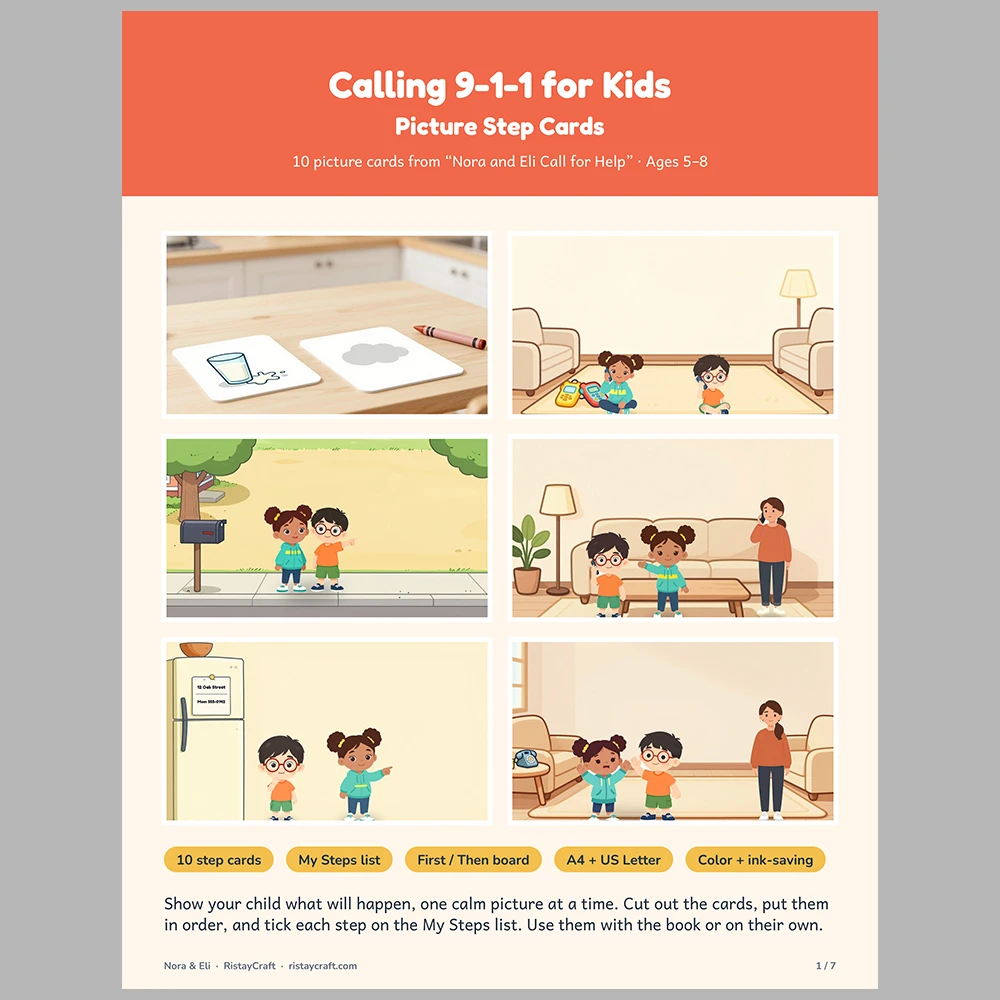 Calling 9-1-1 for Kids Picture Step Cards | Printable Visual Sequence Cards for Kids Ages 5–8 | Safety Rules Companion