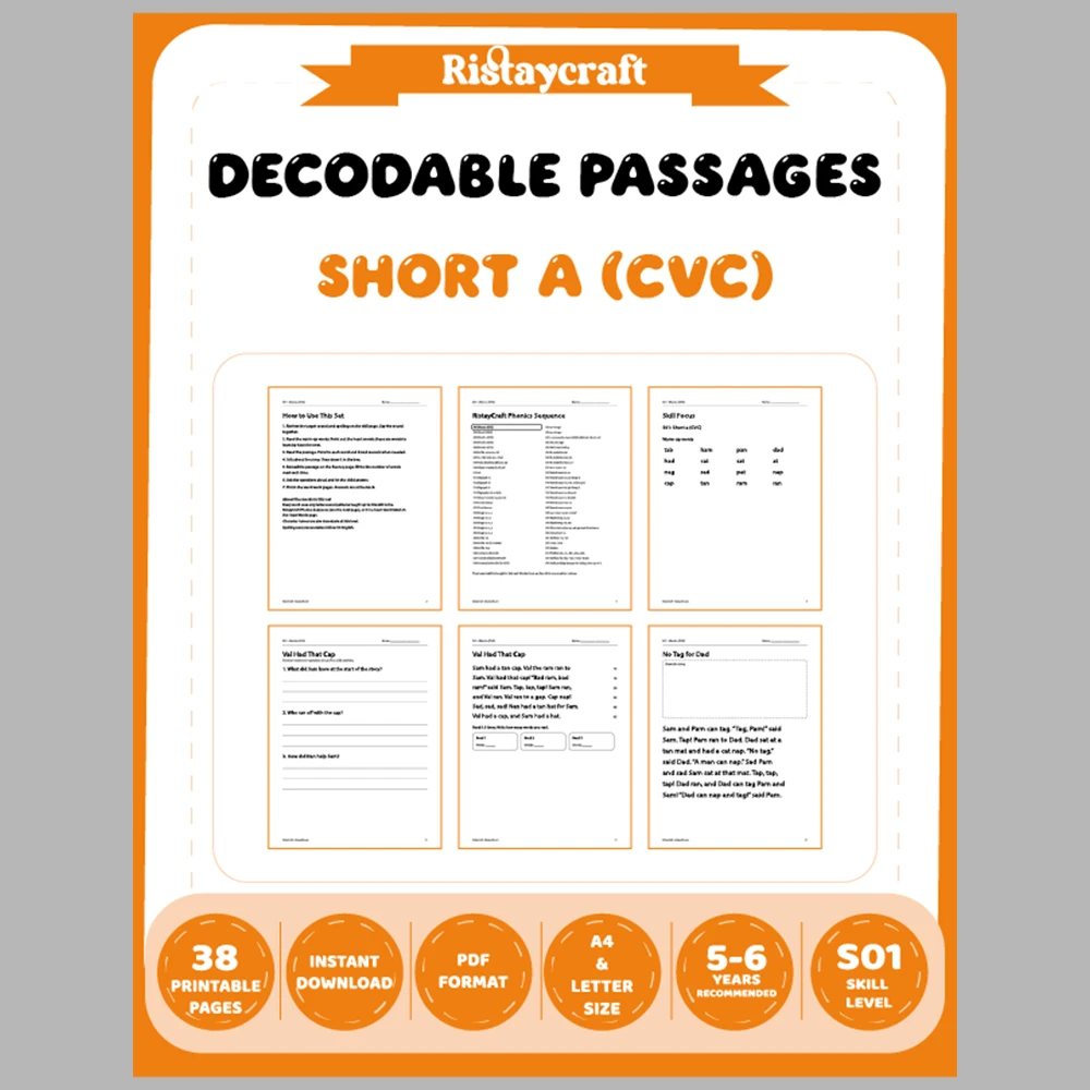 Short a (CVC) Decodable Readers | 8 Stories 38 Pages | Phonics Printable PDF | Ages 5-6