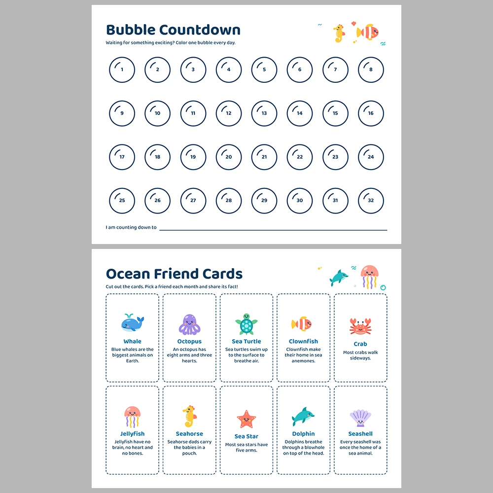 2027 Kids Calendar Printable | Ocean Friends Monthly Calendar with Activities | Sunday & Monday Start | Letter A4 Desk Pad PDF