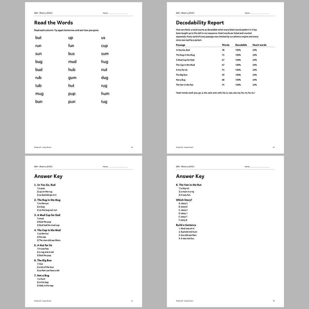 Short u (CVC) Decodable Readers | 8 Stories 38 Pages | Phonics Printable PDF | Ages 5-6