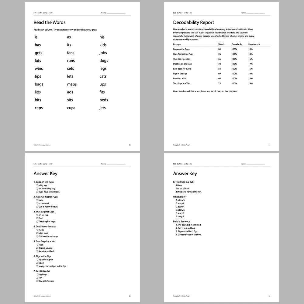Suffix -s and s = /z/ Decodable Readers | 8 Stories 38 Pages | Phonics Printable PDF | Ages 5-6