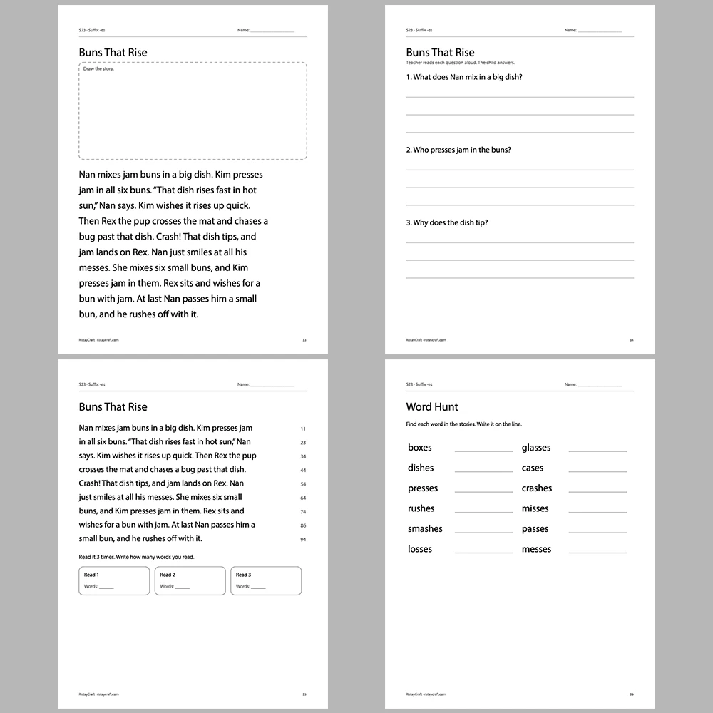 Suffix -es Decodable Readers | 10 Stories 44 Pages | Phonics Printable PDF | Ages 5-7