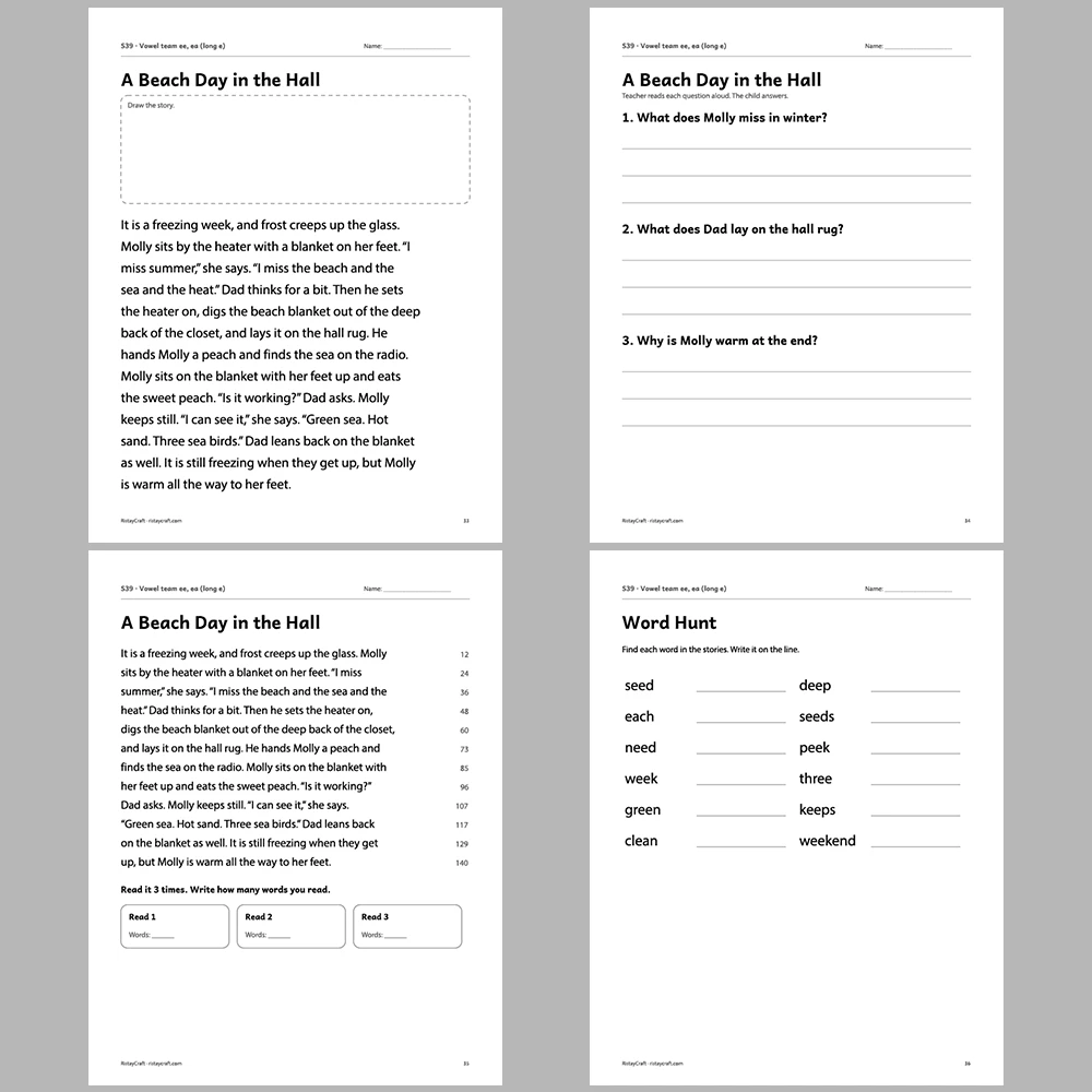 Vowel team ee, ea (long e) Decodable Readers | 10 Stories 44 Pages | Phonics Printable PDF | Ages 6-8