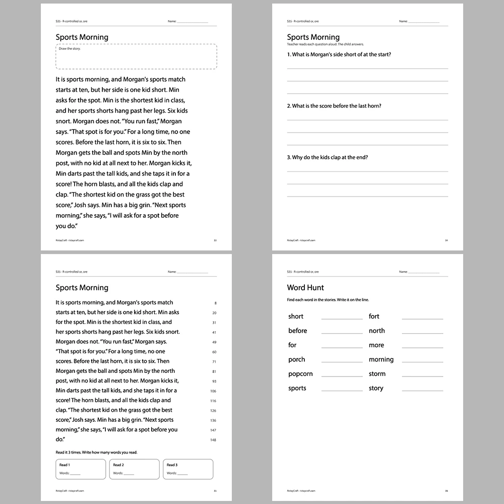 R-controlled or, ore Decodable Readers | 10 Stories 44 Pages | Phonics Printable PDF | Ages 6-8