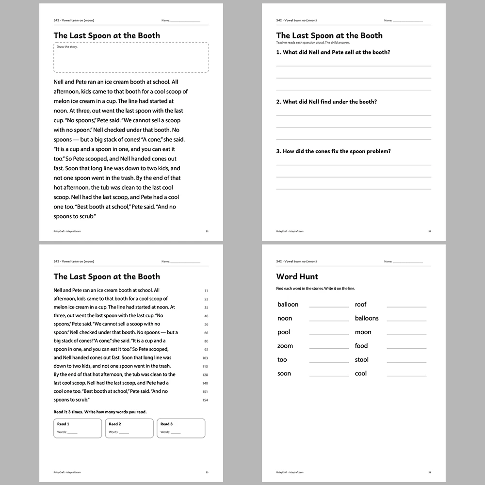 Vowel team oo (moon) Decodable Readers | 10 Stories 44 Pages | Phonics Printable PDF | Ages 6-9