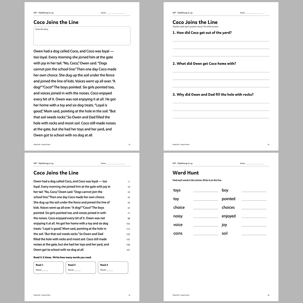 Diphthong oi, oy Decodable Readers | 10 Stories 44 Pages | Phonics Printable PDF | Ages 6-9