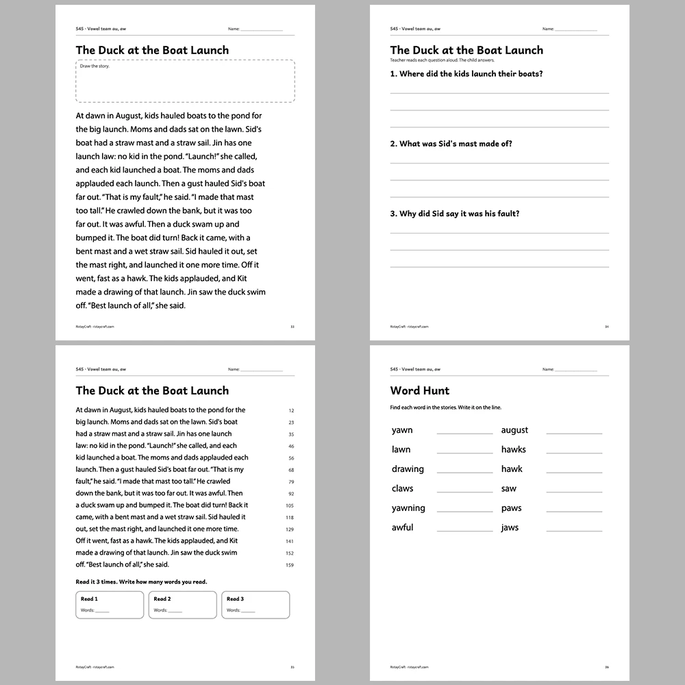Vowel team au, aw Decodable Readers | 10 Stories 44 Pages | Phonics Printable PDF | Ages 6-9