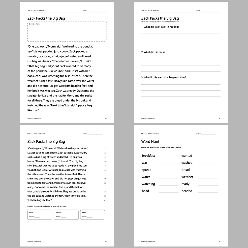 ea = short e; wa = /wŏ/ Decodable Readers | 10 Stories 44 Pages | Phonics Printable PDF | Ages 6-9