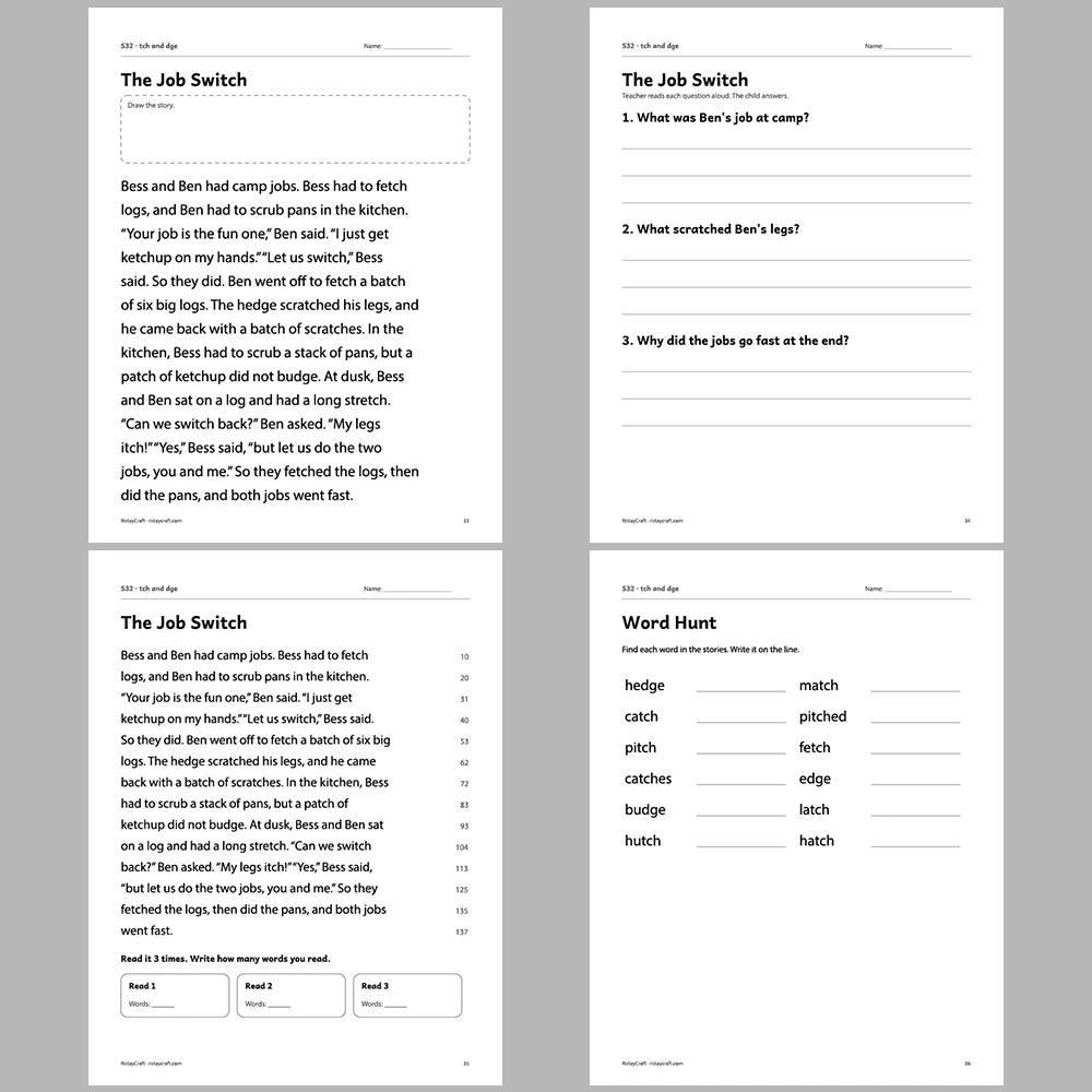 tch and dge Decodable Readers | 10 Stories 44 Pages | Phonics Printable PDF | Ages 6-8