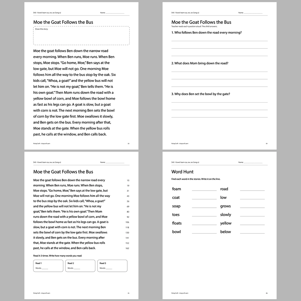 Vowel team oa, ow, oe (long o) Decodable Readers | 10 Stories 44 Pages | Phonics Printable PDF | Ages 6-8