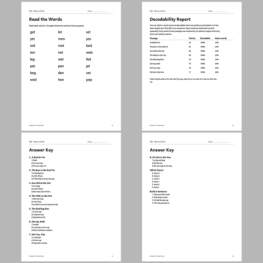 Short e (CVC) Decodable Readers | 8 Stories 38 Pages | Phonics Printable PDF | Ages 5-6