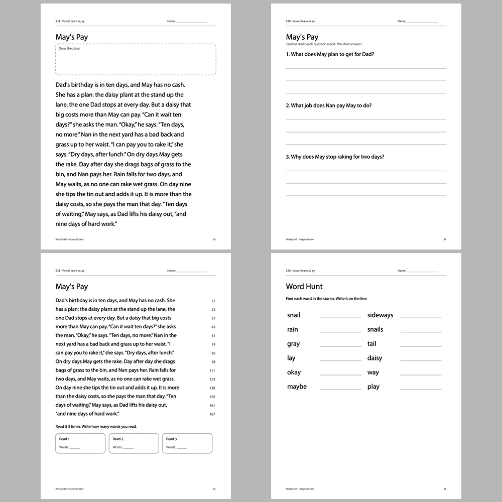 Vowel team ai, ay Decodable Readers | 10 Stories 44 Pages | Phonics Printable PDF | Ages 6-8