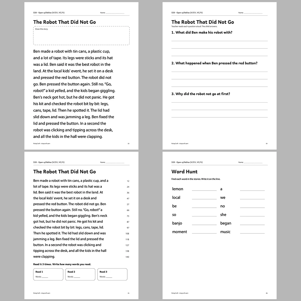 Open syllables (V/CV, VC/V) Decodable Readers | 10 Stories 44 Pages | Phonics Printable PDF | Ages 6-8