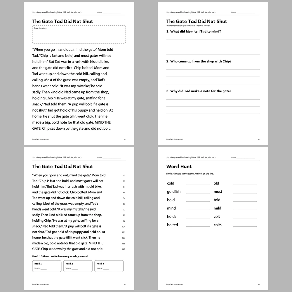 Long vowel in closed syllable (ild, ind, old, olt, ost) Decodable Readers | 10 Stories 44 Pages | Phonics Printable PDF | Ages 6-8