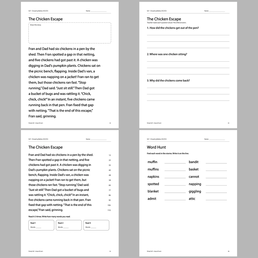 Closed syllables (VC/CV) Decodable Readers | 10 Stories 44 Pages | Phonics Printable PDF | Ages 6-8