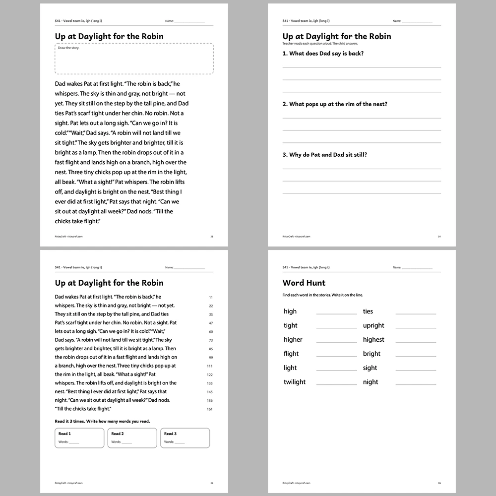 Vowel team ie, igh (long i) Decodable Readers | 10 Stories 44 Pages | Phonics Printable PDF | Ages 6-9