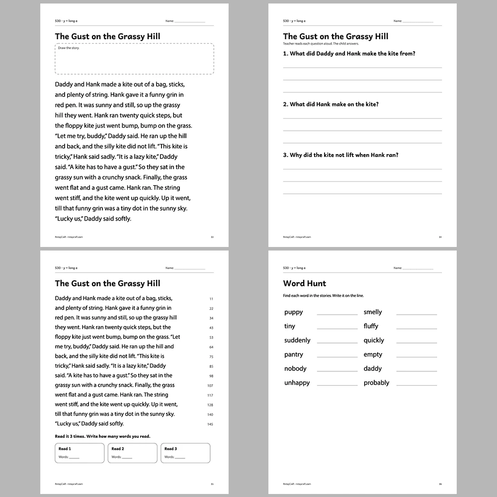 y = long e Decodable Readers | 10 Stories 44 Pages | Phonics Printable PDF | Ages 6-8