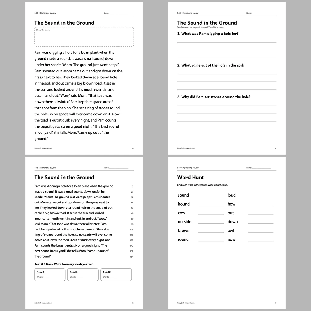 Diphthong ou, ow Decodable Readers | 10 Stories 44 Pages | Phonics Printable PDF | Ages 6-9