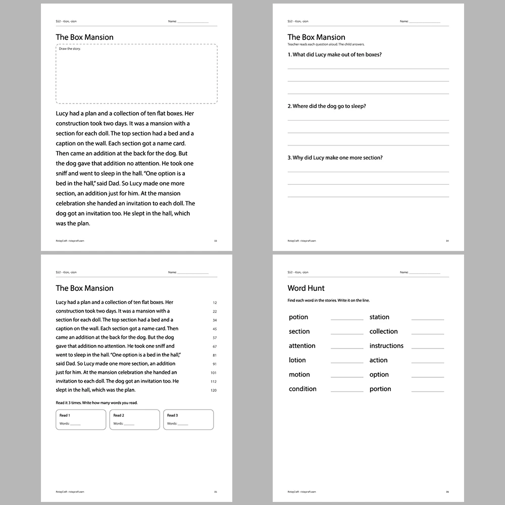 -tion, -sion Decodable Readers | 10 Stories 44 Pages | Phonics Printable PDF | Ages 6-9