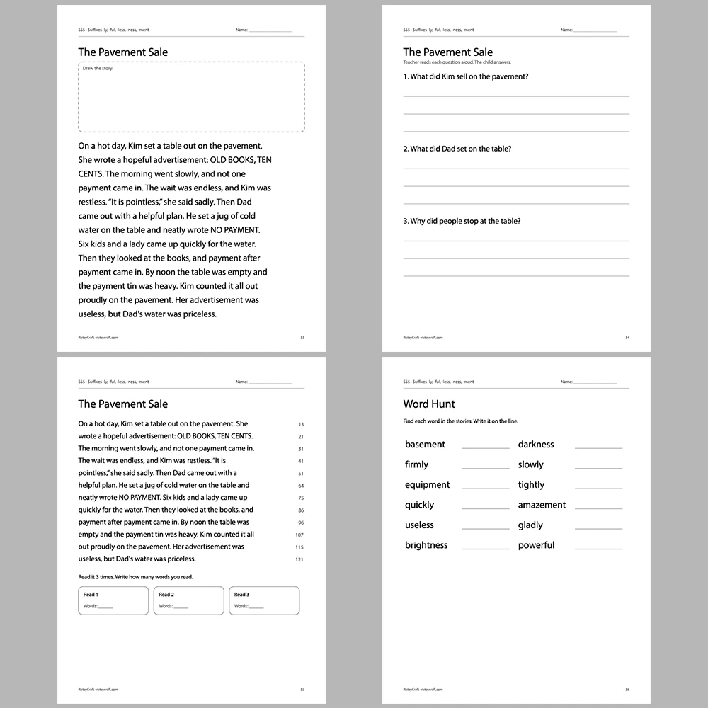 Suffixes -ly, -ful, -less, -ness, -ment Decodable Readers | 10 Stories 44 Pages | Phonics Printable PDF | Ages 6-9
