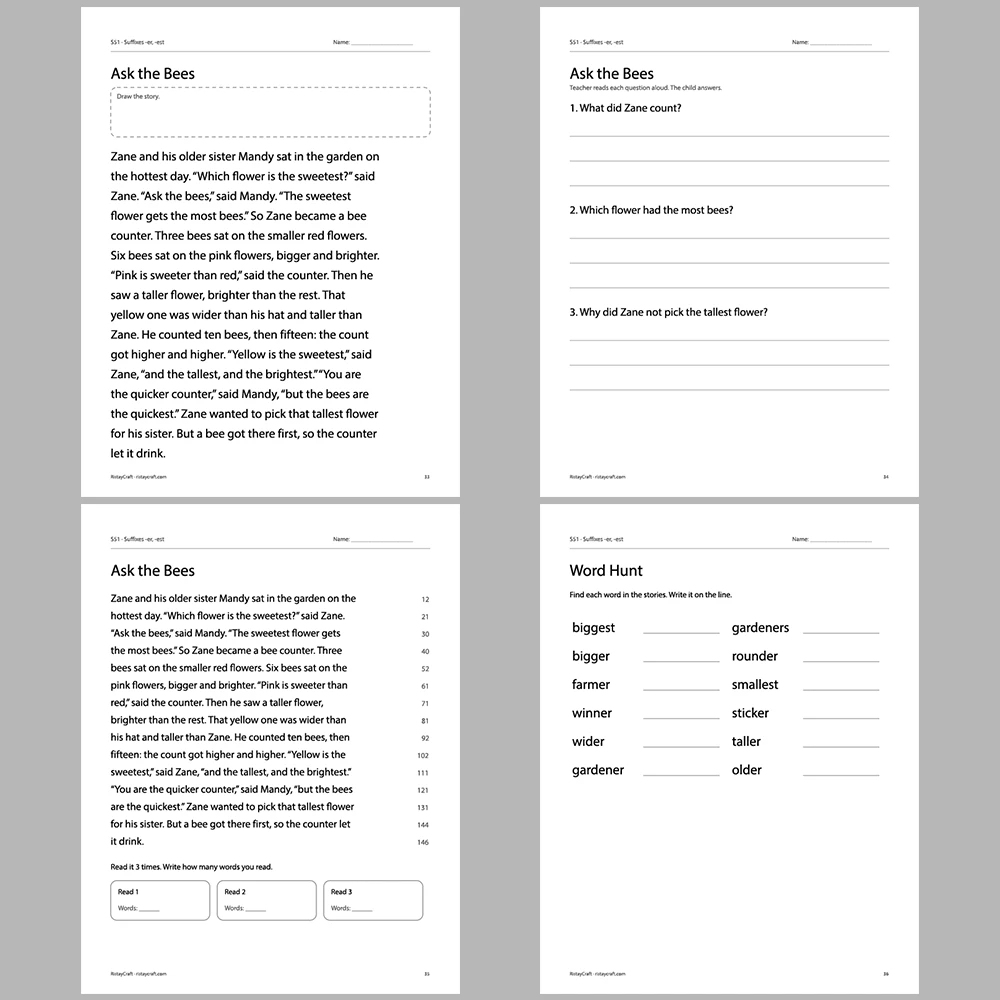 Suffixes -er, -est Decodable Readers | 10 Stories 44 Pages | Phonics Printable PDF | Ages 6-9