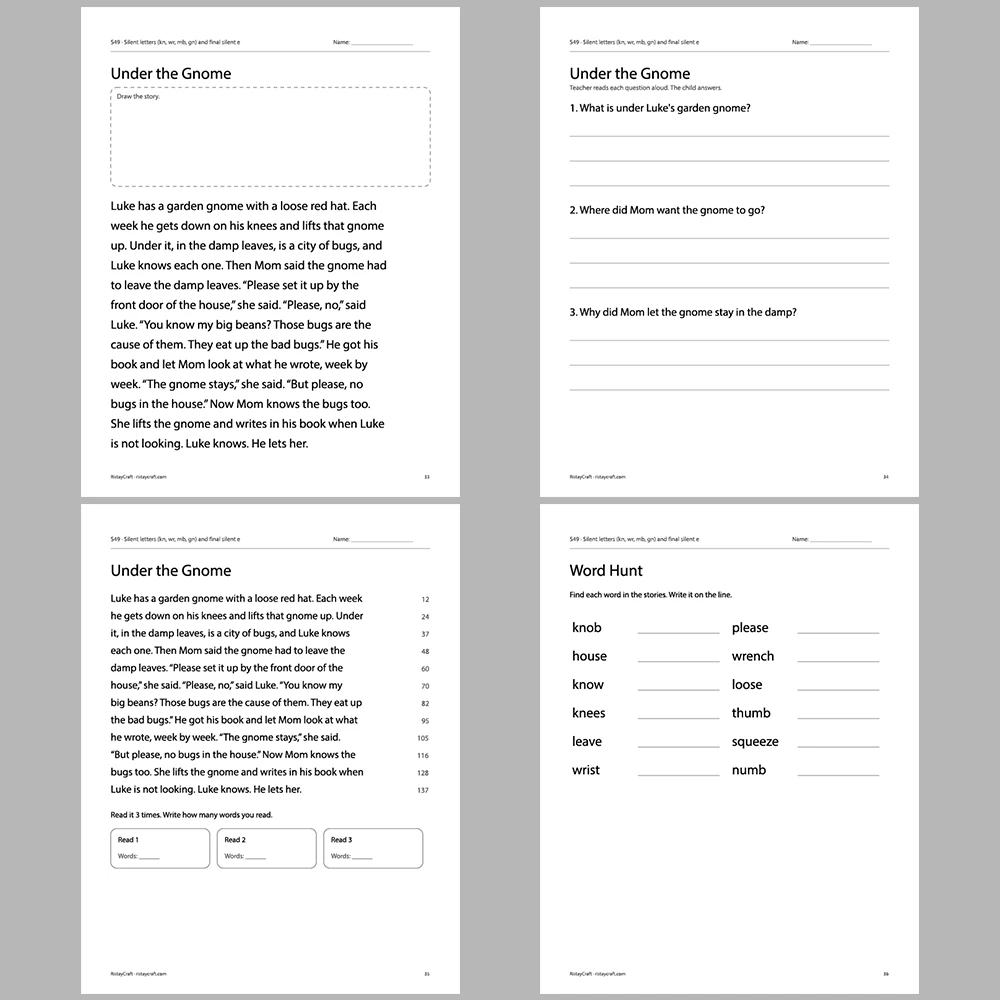 Silent letters (kn, wr, mb, gn) and final silent e Decodable Readers | 10 Stories 44 Pages | Phonics Printable PDF | Ages 6-9