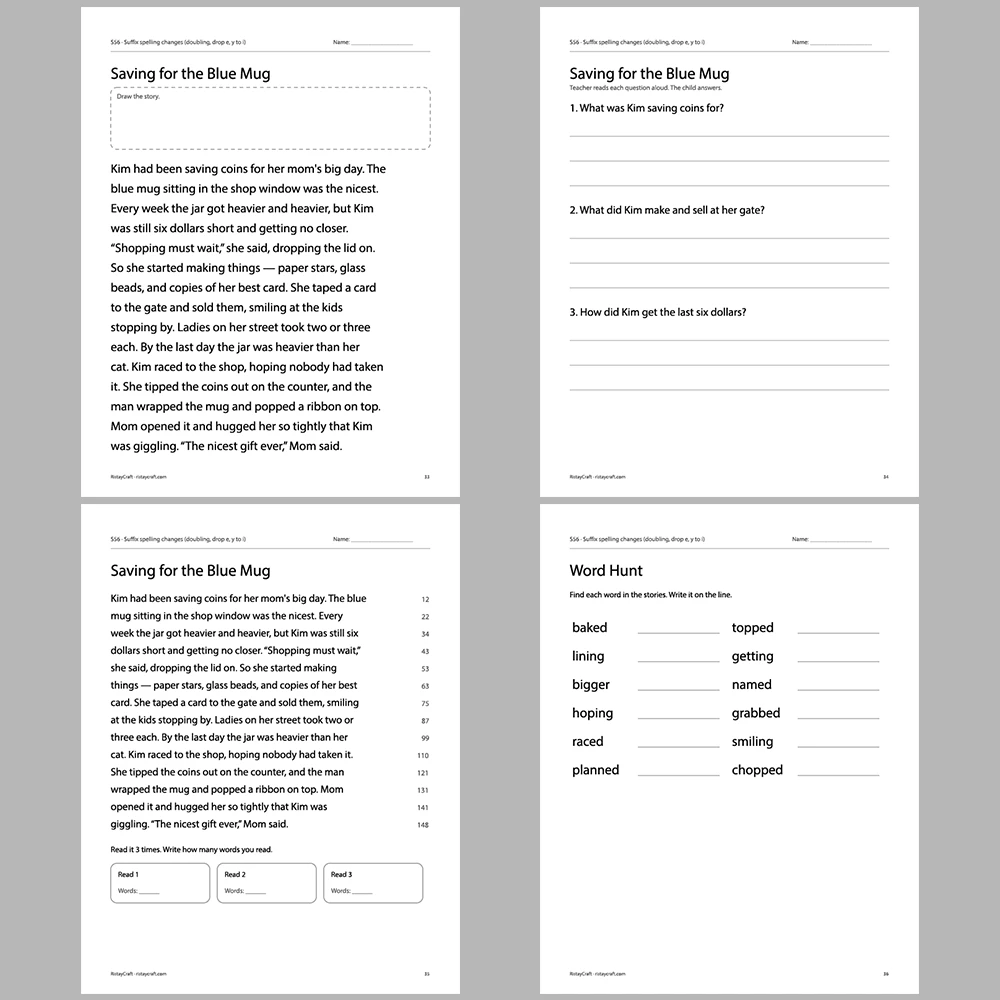 Suffix spelling changes (doubling, drop e, y to i) Decodable Readers | 10 Stories 44 Pages | Phonics Printable PDF | Ages 6-9