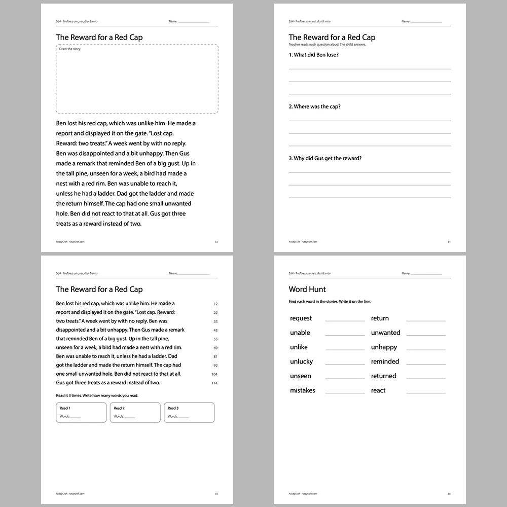 Prefixes un-, re-, dis- & mis- Decodable Readers | 10 Stories 44 Pages | Phonics Printable PDF | Ages 6-9