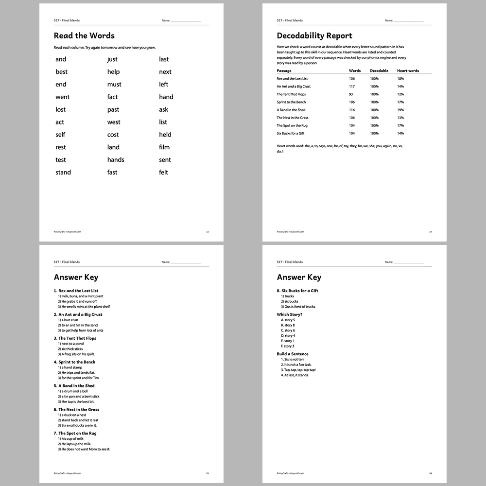 Final blends Decodable Readers | 8 Stories 38 Pages | Phonics Printable PDF | Ages 5-6